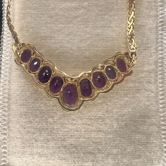 Solid 14k Yellow Gold Amethyst Diamond Flat Chain Necklace
